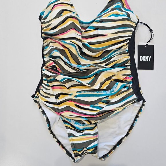 DKNY Mesh Side-Stripe Ruched One-Piece Swimsuit Size 8 - Picture 6 of 12